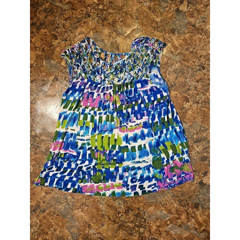 Plenty By Tracy Reese Blouse Blue Multicolor Geometric Knotted Small chic (A132)